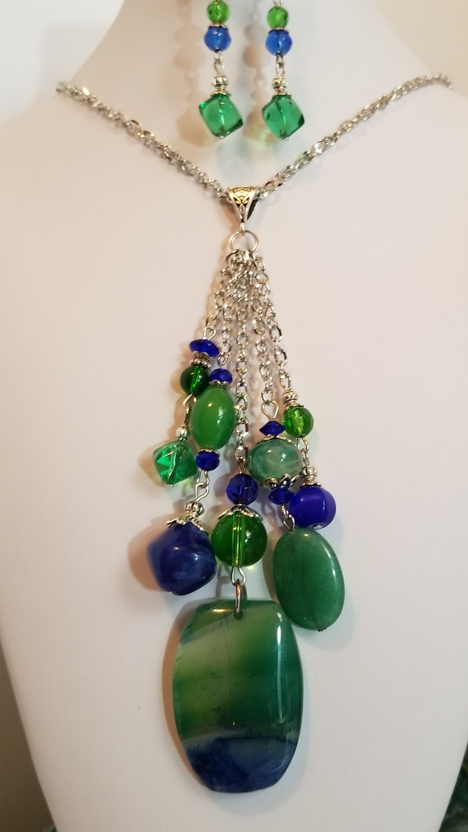 Blue Green Necklace with Earrings