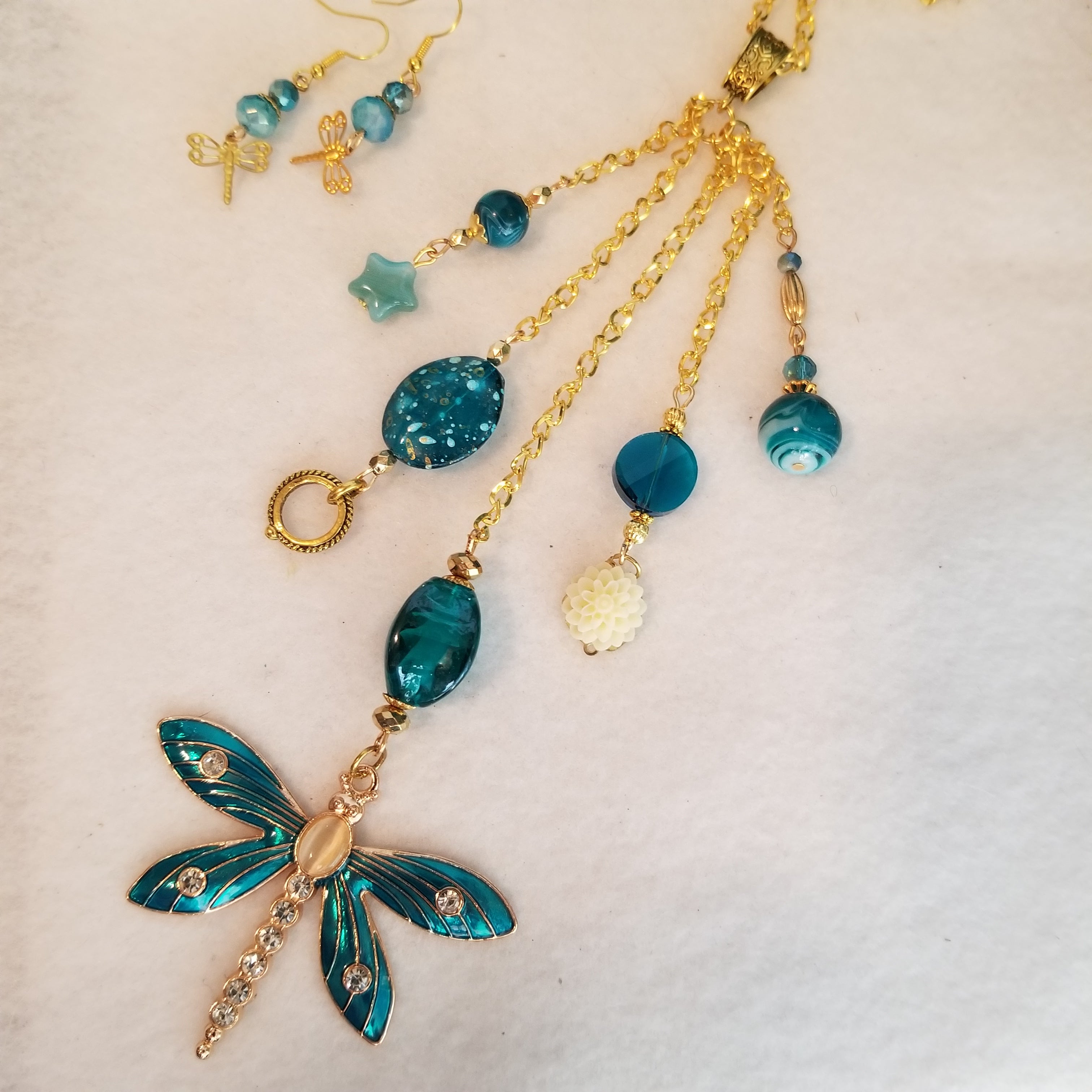 Teal Dragonfly Necklace with Earrings