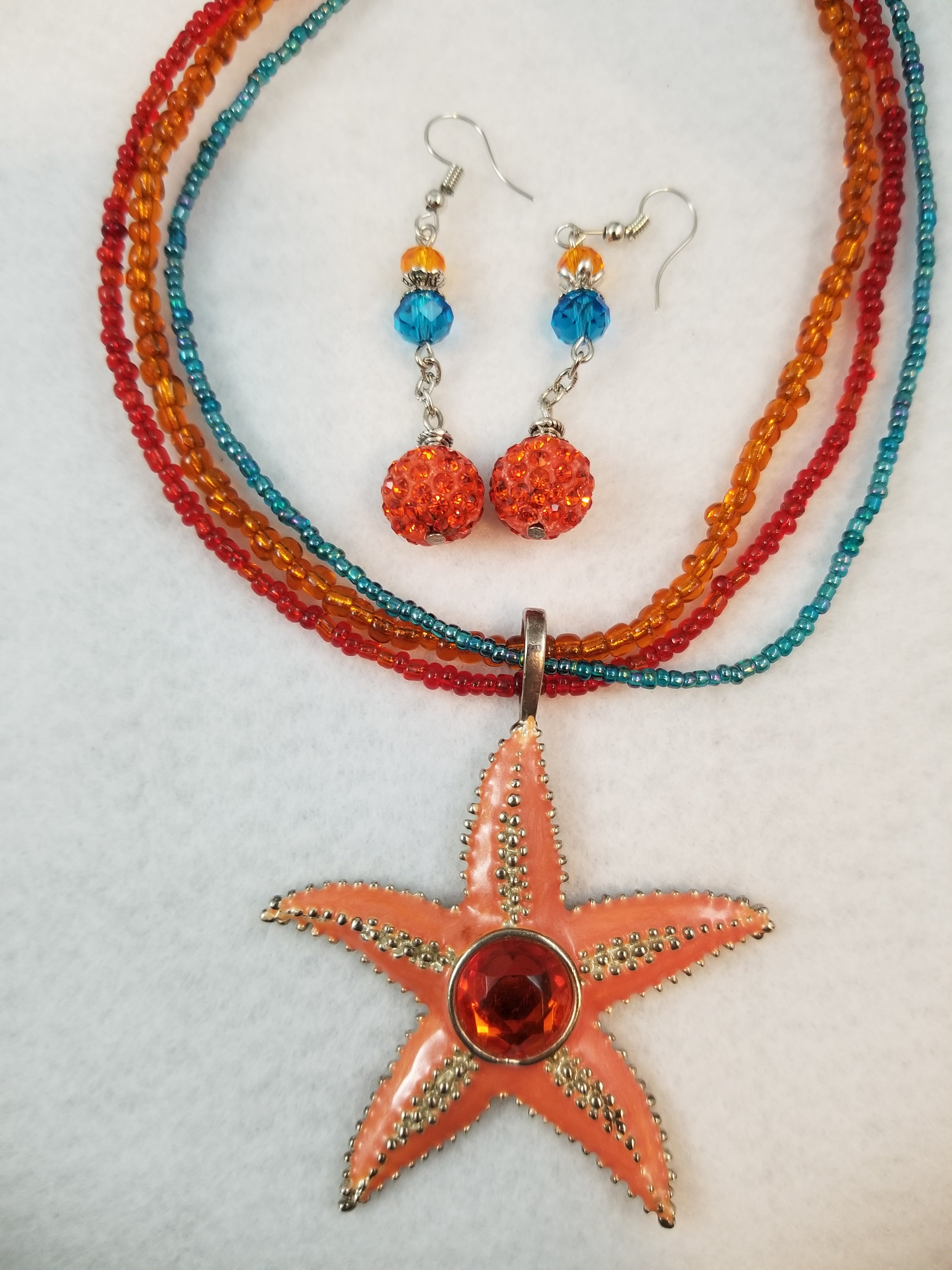 Orange Starfish Necklace with Earrings